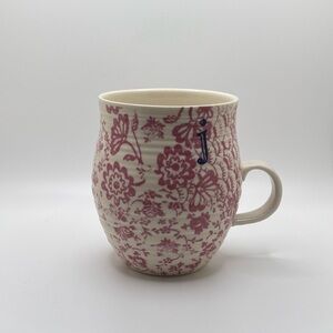 ANTHROPOLOGIE Floral Monogram Mug with Letter J and Floral Pink Design